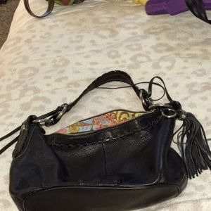 B. Makowsky black leather BoHo shoulder bag purse with a leather tassels